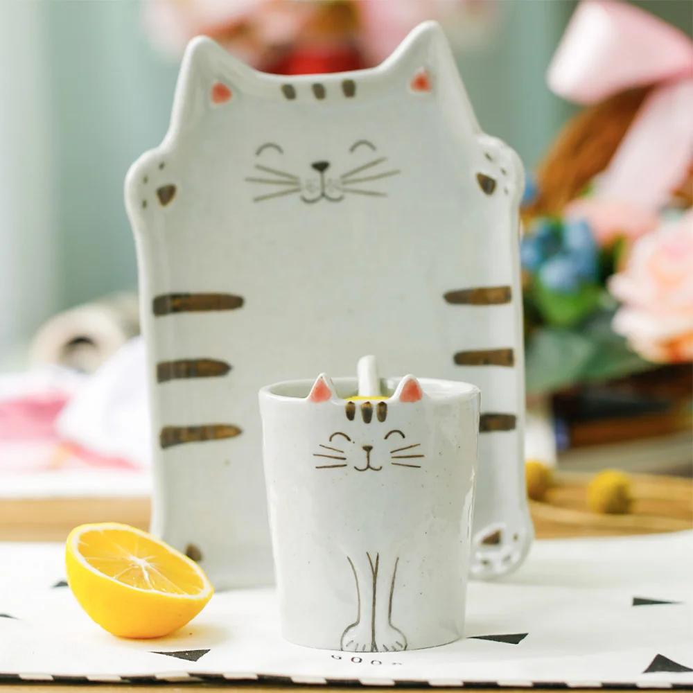 Японская тарелка в форме кошки и кофейная кружка с ложкой набор креативных