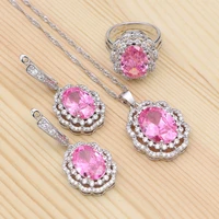 925 silver bridal luxury jewelry sets for women wedding pink cubic zirconia white crystal pendant necklace ring earrings