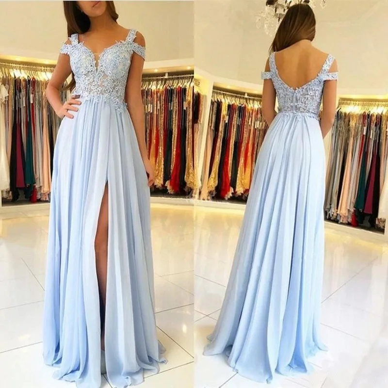 

Blue Evening Dresses Elegant Off Shoulder Chiffon Lace Appliques Slit Sweetheart See Through Prom Gowns Vestidos Elegantes