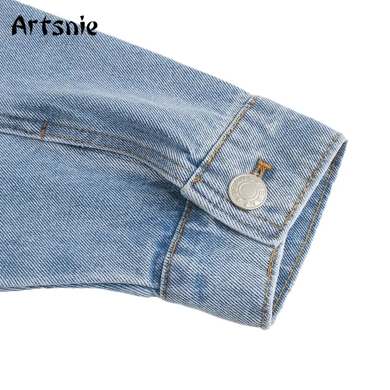 

Artsnie vintage denim jacket women winter turn down collar long sleeve coats boyfriend pockets jeans blue jackets chaqueta mujer