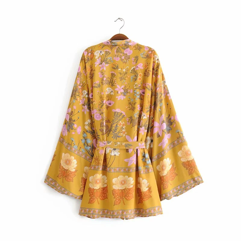 Boho королев для женщин с цветочным принтом и поясом рукавом летучая мышь пляжные