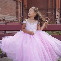 pink beaded crystals flower girl dresses ball gown tulle little princess pageant dresses vintage communion gowns party dress