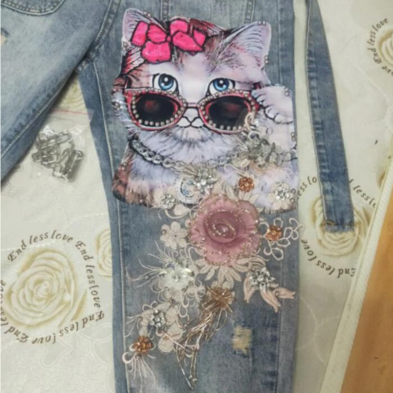 

Women Spring Print Cartoon Cat Denim Jumpsuits Rompers Overalls New Hole Loose Beaded Jean Pants Female Summer Casual Long Pants
