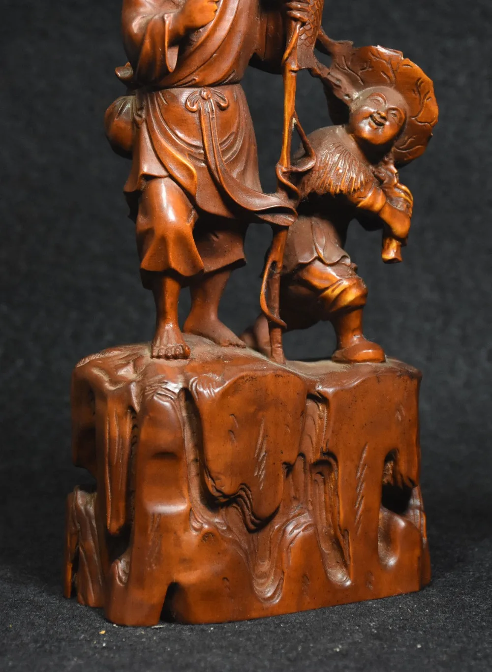

wedding decoration 8" Chinese Boxwood Carved Fisherman Fisher Old Man Kid Boy Fishing Fish Statue