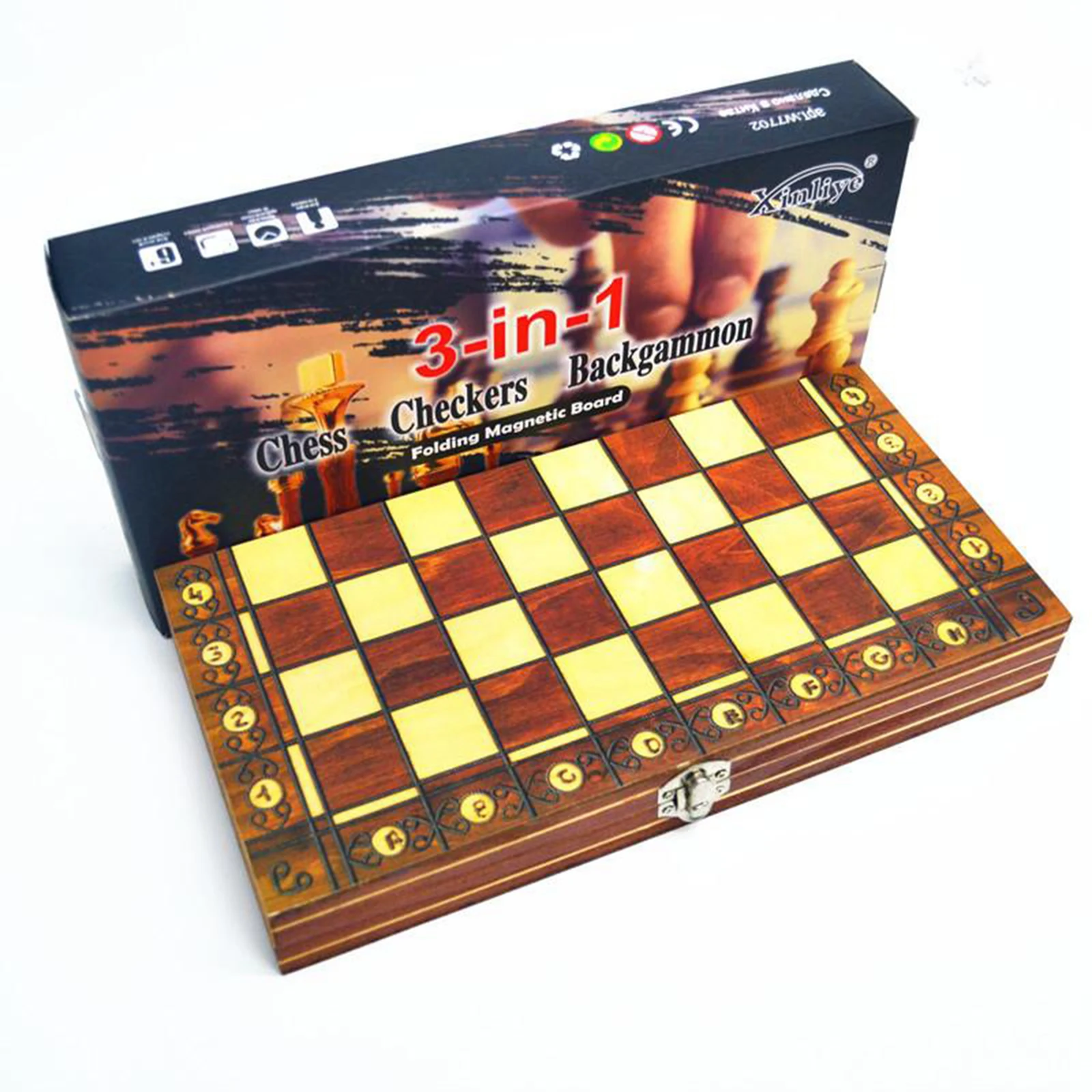 

3 in 1 Chess Set Chess Checkers Backgammon Folding Wooden Chess Board 17x17inch