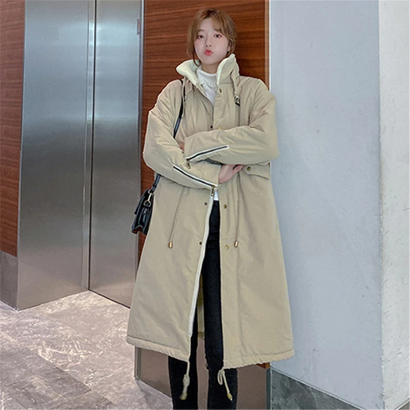 

Hong Kong Style Winter Coat Tide Ins Super Fire Parka Cotton Women's Mid-length Knee Over Korean Loose Lamb Wool Jacket 2023 New