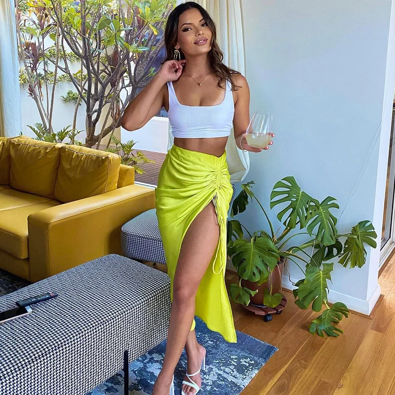 

Sylph Midi Skirts For Women High Waist Lace Up Slit Skirt 2022 Autumn Winter Fashion New Arrival Sexy Bodycan Female Clothing