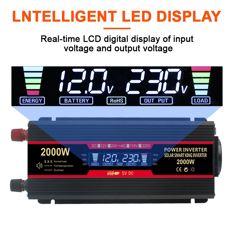Power Car Inverter Modified Sine Wave 1500W/2000W/2600W 220VDC 12V to AC 220V 2 USB Transformer Converter EU Socket |