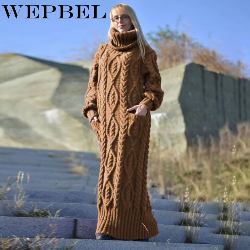 

WEPBEL Women Fashion Autumn Winter Dress Ladies Warm Thick Long Sleeve Round Neck Loose Knitted Twist Pullover Sweater Knitwear