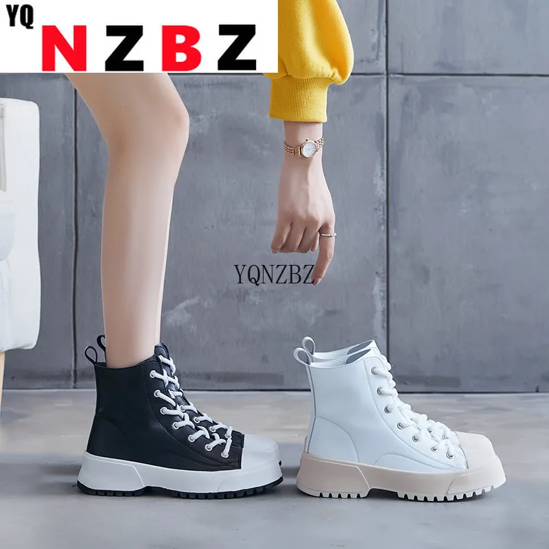 

Women Boots Ankle Boots Genuine Leather Platform Round Toe Black Boots Woman Goth Boots Designer Brand Luxury Botas Mujer