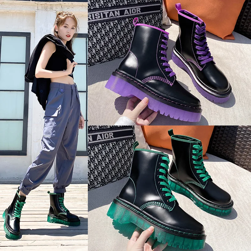 

Autumn Women Thick Sole Ankle Boots Fashion Leather Mid-tube Non-slip Motorcycle Boots 2020 New Casual Lace-up Work Shoes Women