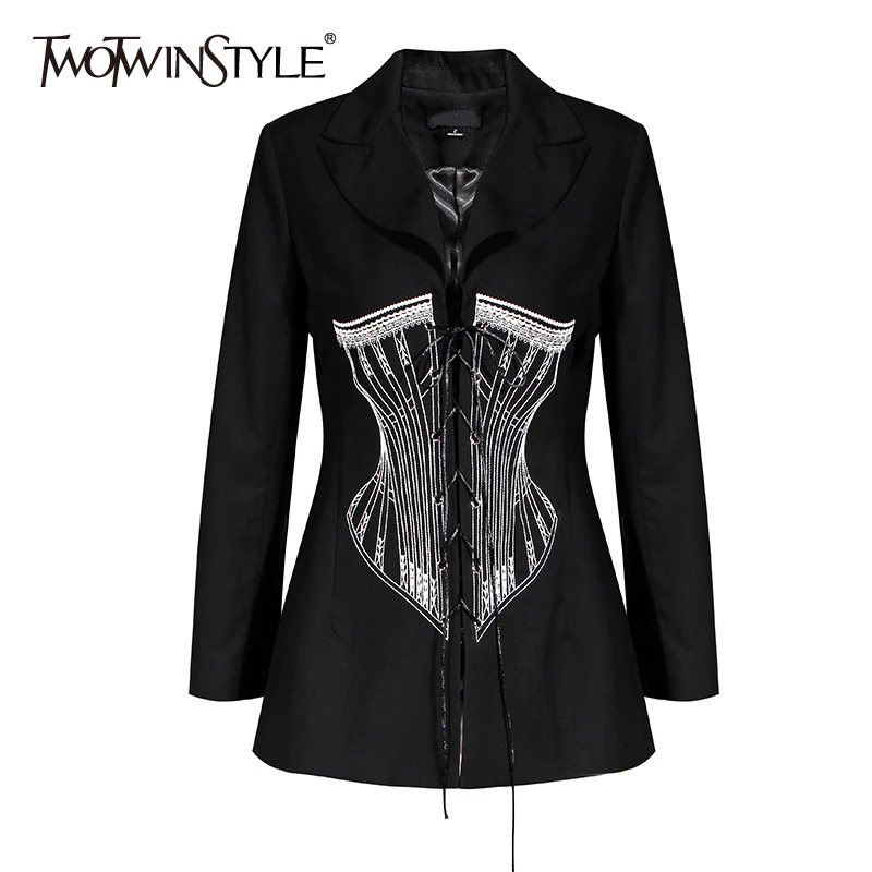 Женский блестящий костюм TWOTWINSTYLE осенний черный с вырезом на воротнике длинными