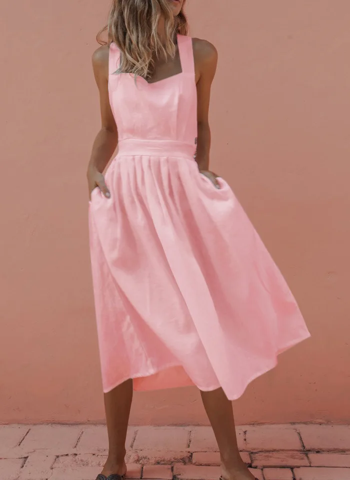 

Summer 2021 New Hot Sale Sexy Strap Button Waist Pleated Dress Multicolor Campus Style Slim Streetwear