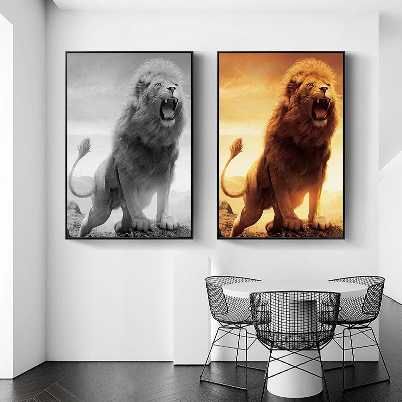 

Gold Roaring Africa Lions Black and White Animal Canvas Art Painting Posters and Prints Cuadros Wall Art Picture for Living Room