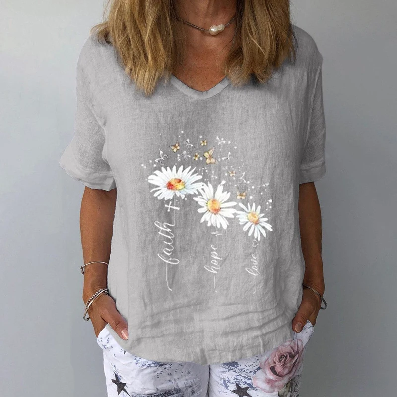 

Elegant Floral Print Linen Cotton Blouse Shirt Women 2020 Summer V Neck Short Sleeve Tops Lady 3XL New Casual Plus Size Blouses