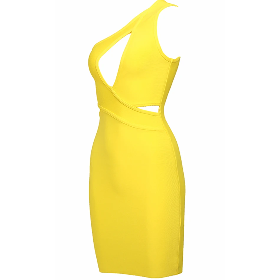 Amily.c Summer New High Quality Sexy Shoulder Mini Yellow Hollow Bandage Dress Club Designer Fashion Party Dress Wholesale
