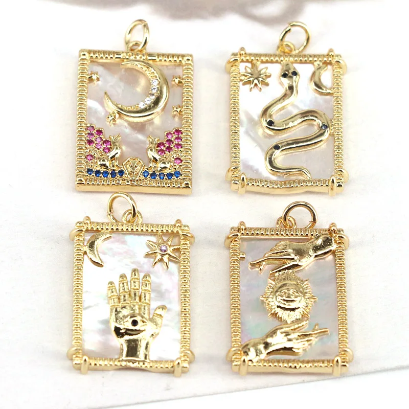 

10Pcs Rectangle Shell Charms , Moon Star snake Designer Charms Necklace, Gold Charms, CZ Pave Mother of Pearl Shell