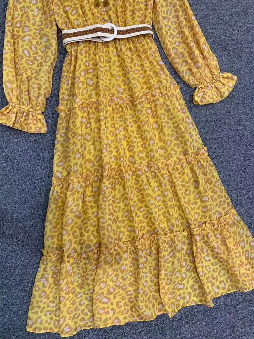 

New 2020 Autumn Long Dress High Quality Women Sexy Wild Leopard Print Belt Patchwork Long Sleeve Casual Party Yellow Maxi Dress