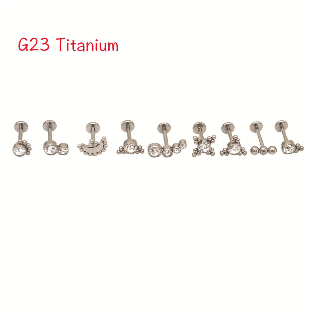 10pcs Fashion Crystal Gem Labret Ring G23 Titanium Internally Threaded Tragus Helix Ear Piercing Earring LiP Stud 8mm