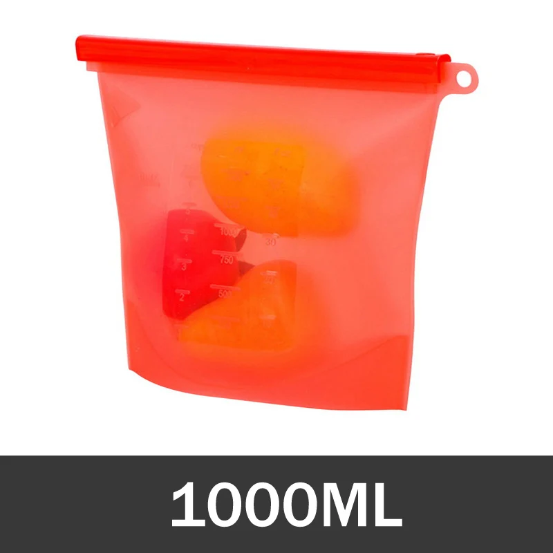 Red-1000ML 1000 мл многоразовая силиконовая сумка для хранения, силиконовые пакеты для хранения еды, пакеты для хранения продуктов питания, Ziplock морозильная камера, свежие пакеты для приготовления пищи - Цвет: Red-1000ML