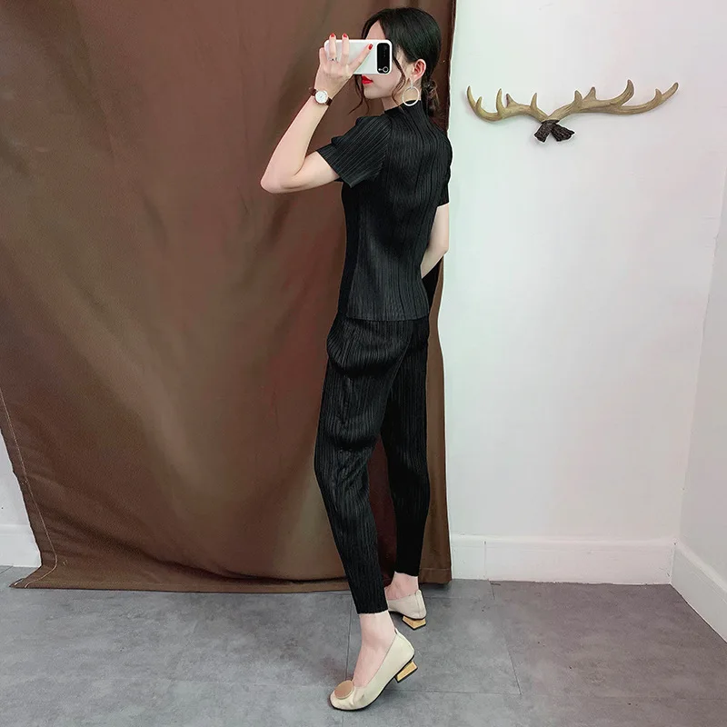 Miyake морщин карандаш брюки Твердые Короткие Свободные плиссированные эластичный