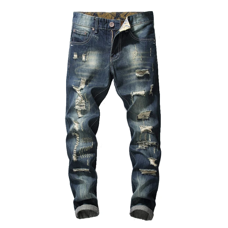 Мужские облегающие джинсы винтажные крутые брюки с дырками модные рваные в
