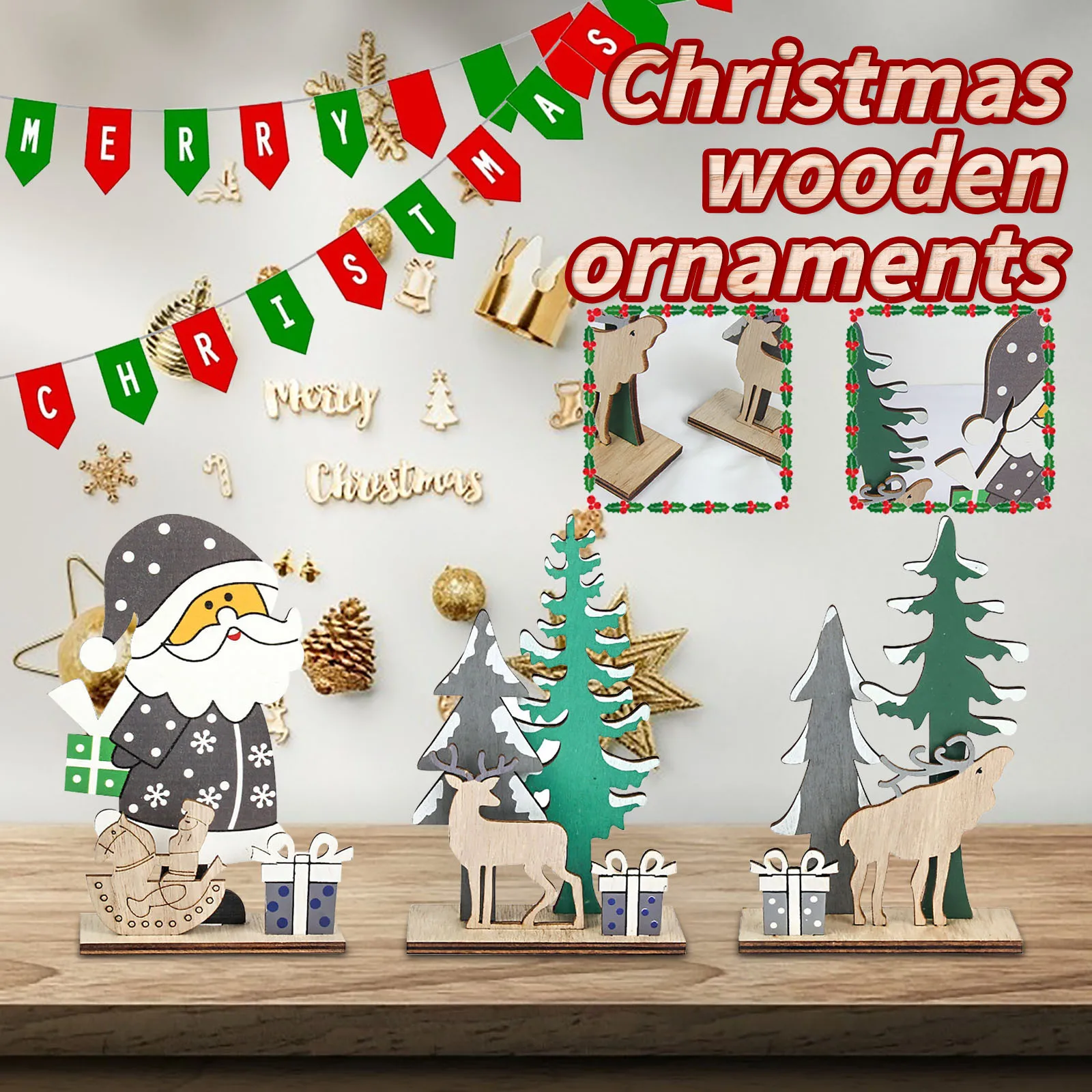 

1pcs Christmas Decorations Assembled Wooden Painted Old Man Presents Diy For Children Figurines & Miniatures Новый Год 2022 *2