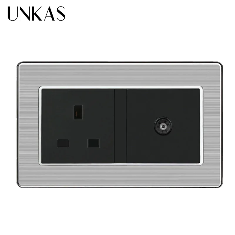 UNKAS 146 mm * 86 Wall Socket Stainless Steel Brushed Panel UK Standard Socket+Female TV Jack Double Outlet | Обустройство дома