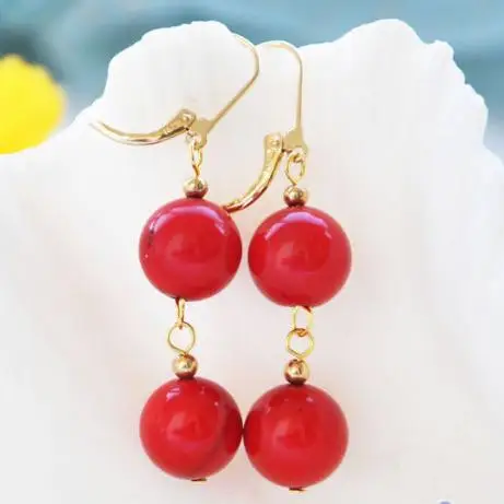 

New Arrival Unique Design AA 12mm Huge Red Round Shell Pearl Dangle Earrings Gold s925 Sterling Silver Hook Birthday Lady Gift