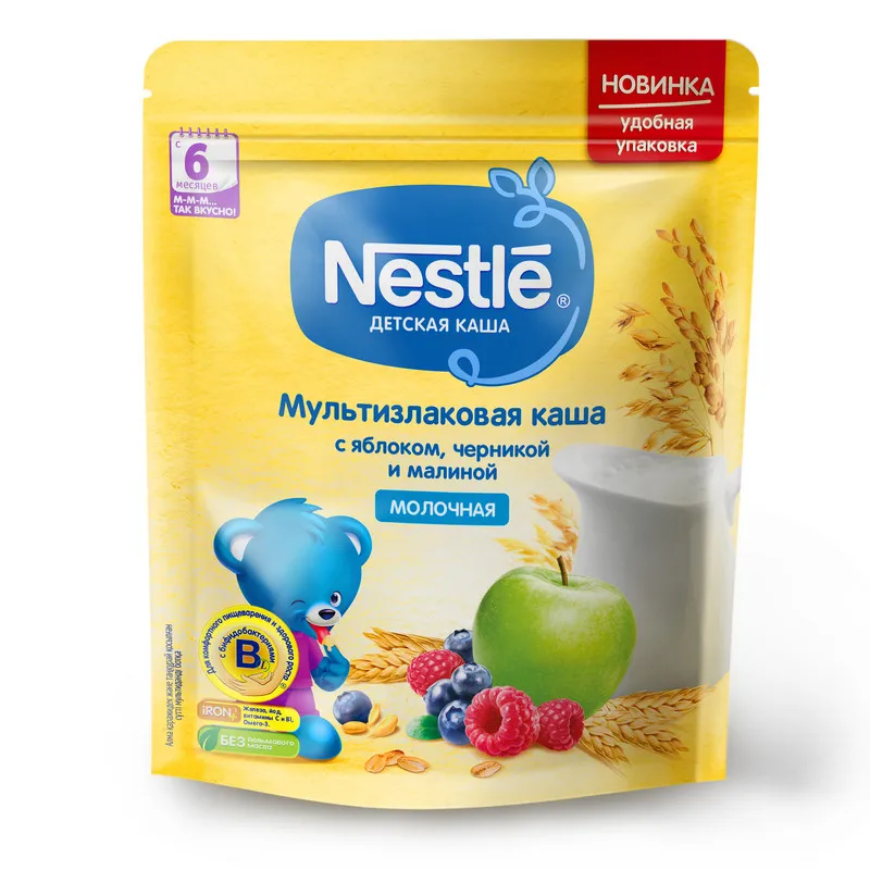 Каша Nestlé Молочная мультизлаковая с яблоком черникой и малиной 6 мес 220г