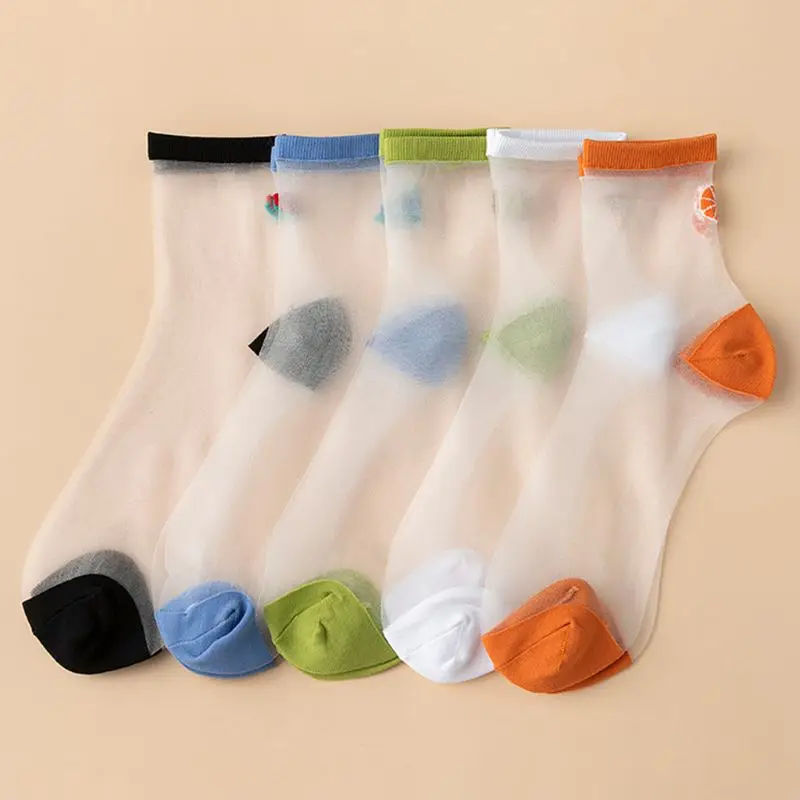 

Корейские женские летние носки, кристаллическое волокно, милые авокадо, фруктовые жаккардовые прозрачные ультратонкие носки средней длины