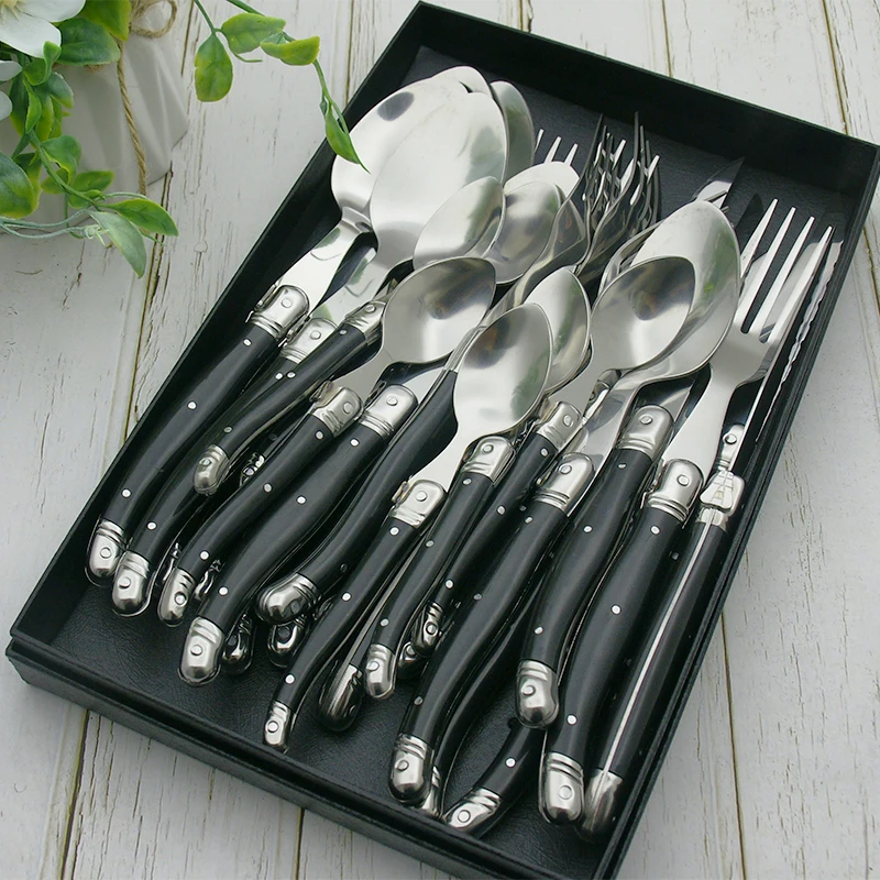 24pcs Laguiole Tableware Black Plastic Handle Dinnerware Rainbow Cutlery Stainless Table Knife Dinner Fork Spoon Teaspoon Xmas