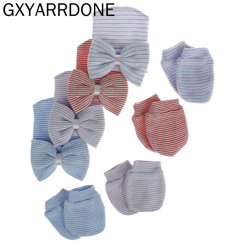 2 шт./компл. шапка для новорожденных детские перчатки теплая с бантом в полоску