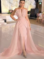 mermaid evening dress pink soft stain strapless formal dress elegant party dress prom gown detachable train vestidos de fiesta