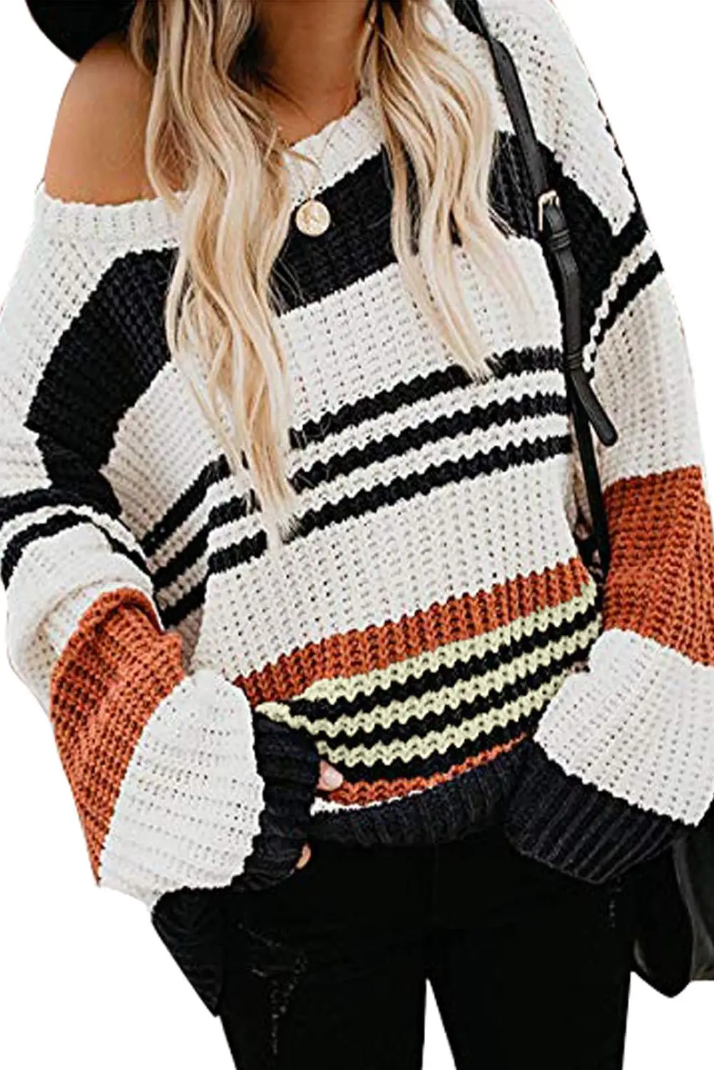 

Blue/Black/Orange Striped Pattern Knit Sweater Top Women Sexy Casual Striped and Colorblock Long Sleeve Loose Sweater Tops