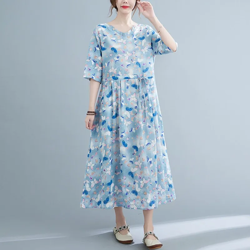 Женское длинное платье из хлопка и льна повседневное свободное элегантное