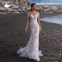 aedmgh sheath mermaid wedding dresses 2021 v neck long sleeve sweep train vestido de novia gorgeous appliques robe de mariee