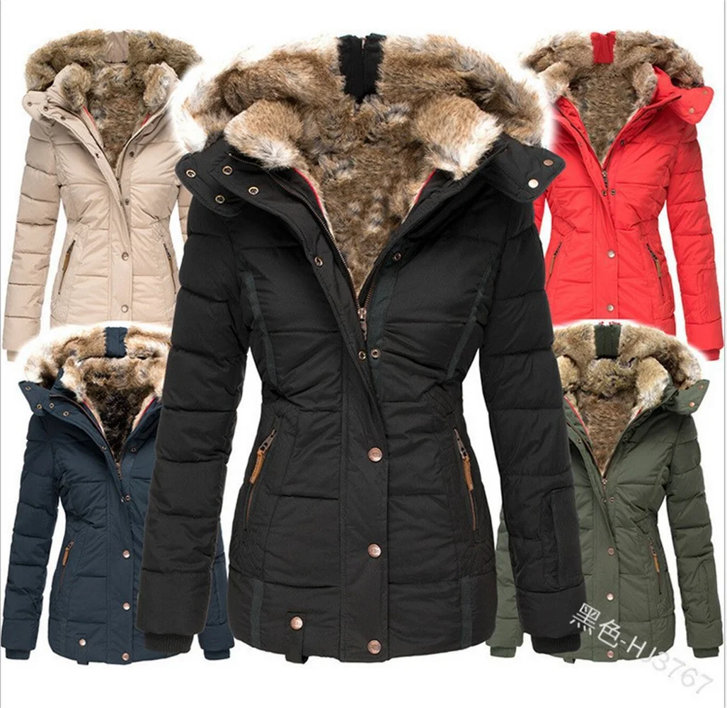 2021 new winter warm wool collar cotton clothes women's zipper long sleeve slim cotton clothes coat Hooded Coat