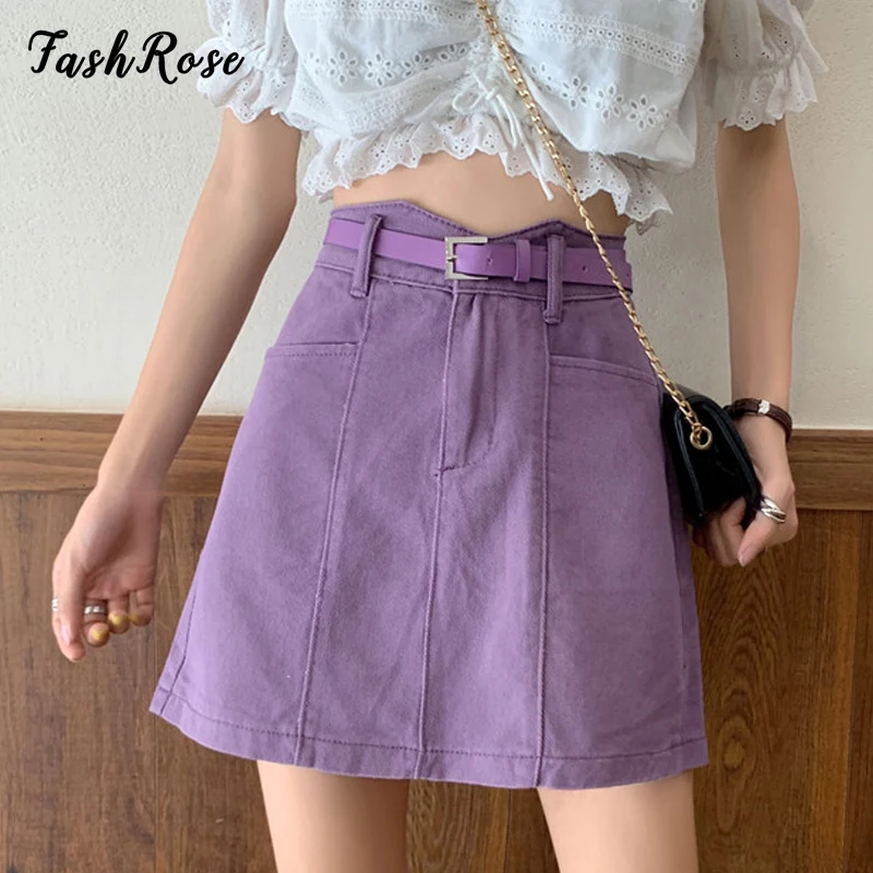 

FASHROSE Y2K Vintage Purple Denim Mini Skirts Pocket 2000s Aesthetic Cute Sashes Women Slim Bodycon Skirt Korean Style Clothing
