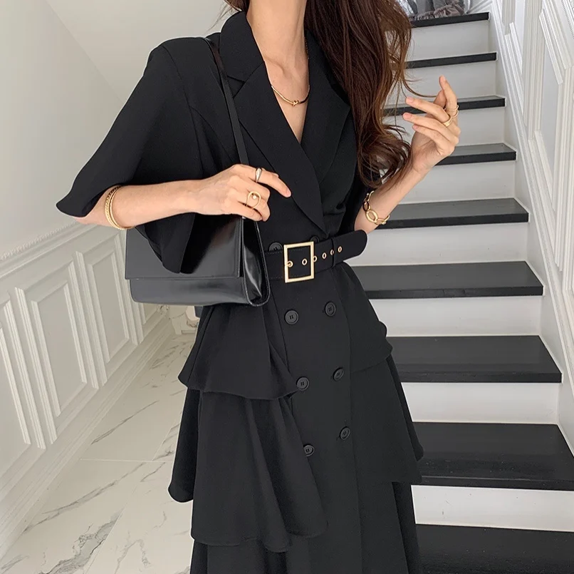 

Summer Fashion Elegant Solid Dot Flare Sleeve Turn-down Collar Maxi Dress Women Vintage Office Lady A-line Belt Party Dress