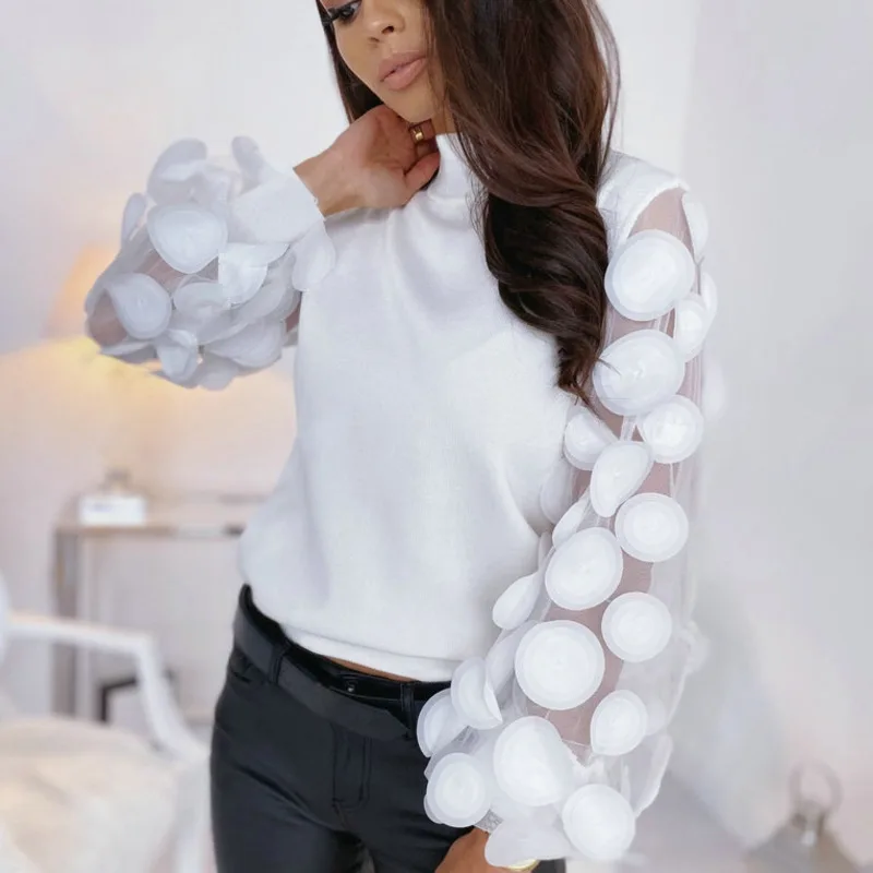 Офисные женские рубашки модные блузы водолазки новинка сетчатые топы с пышными