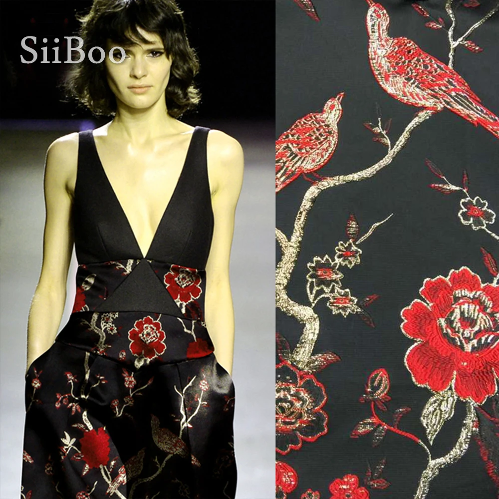 Американский стиль красная Цветочная птица металлическая жаккардовая парча