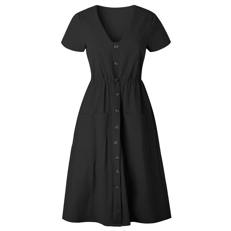 

Women's Fashion Summer Short Sleeve V Neck Button Down Swing Midi Dress With Pockets Ladies Beach Dress Women Sundress Vestidos