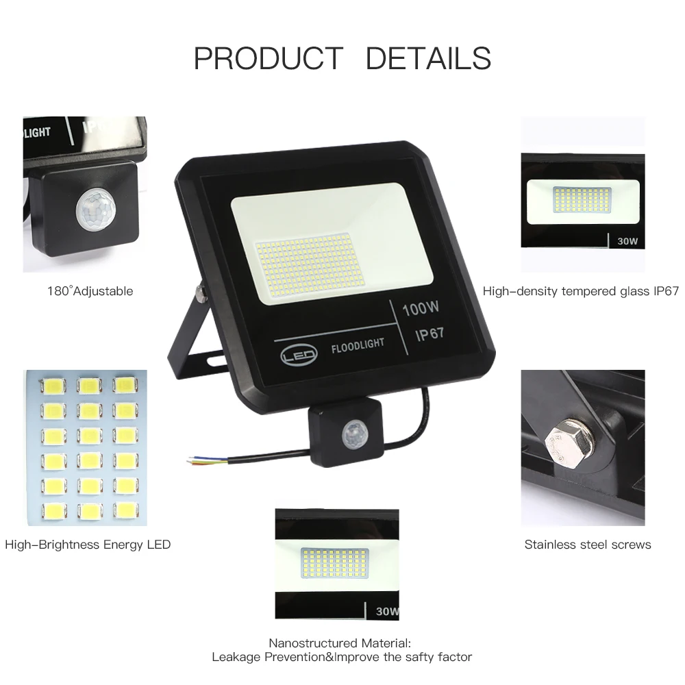 Светодиодный прожектор с датчиком движения IP65 водонепроницаемый 20 Вт 30 50 100