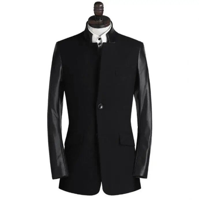 

Autumn winter casual woolen coat men trench coats stand collar long leather sleeves overcoat mens cashmere coat splice clothes