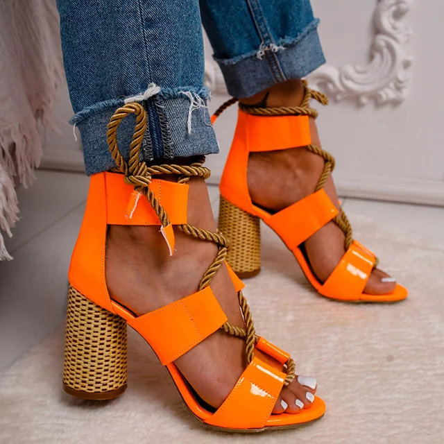 695-orange Новое поступление; женские туфли-лодочки; пикантные женские босоножки; обувь с перекрестными ремешками; женские босоножки на блочном каблуке; Свадебная обувь для невесты; женская обувь - Цвет: 695-orange