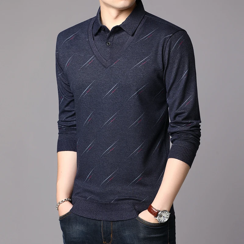 

High End New Fashion Brand Knit Korean Pullover Shirt Collar Fake Two V Neck Sweaters Casual Jumper Mens Clothes