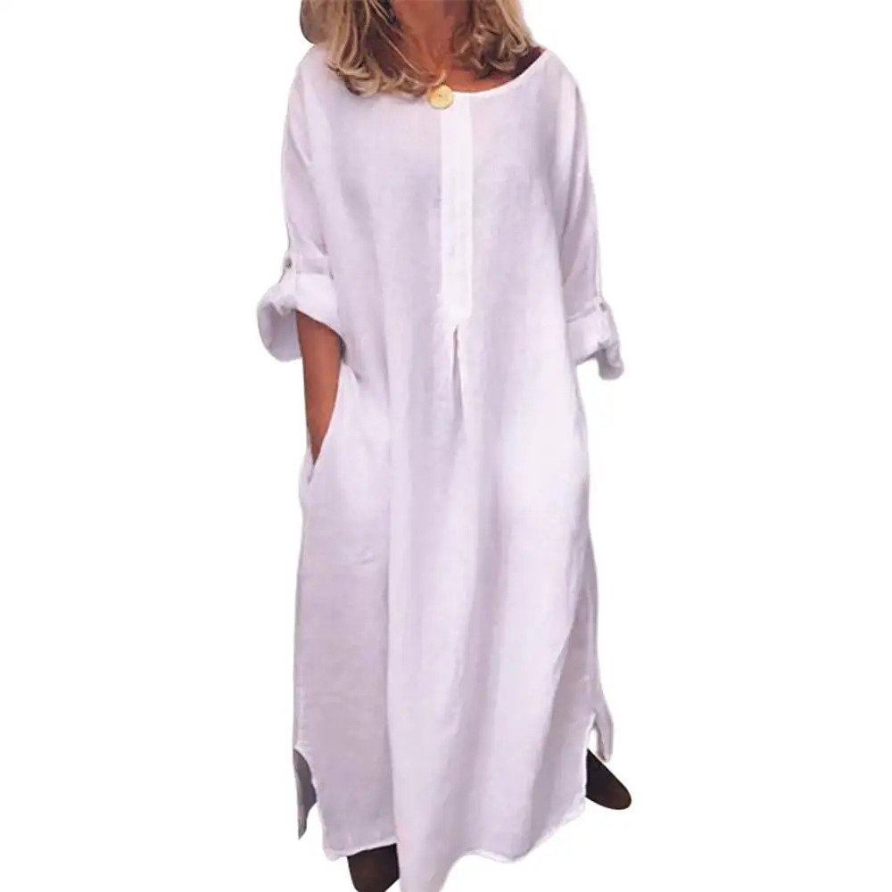 

60%HOT Women Vintage Solid Color Long Sleeve O Neck Pockets Maxi Dress Tunic Kaftan