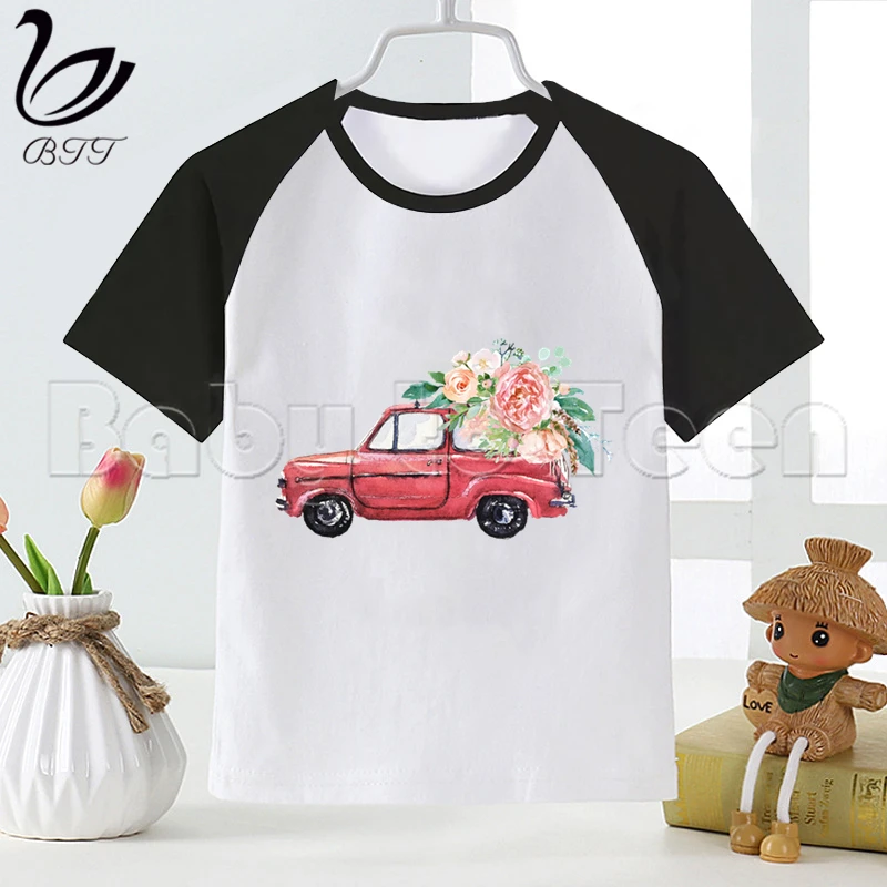Забавная детская футболка с цветочным принтом и машинкой одежда короткими