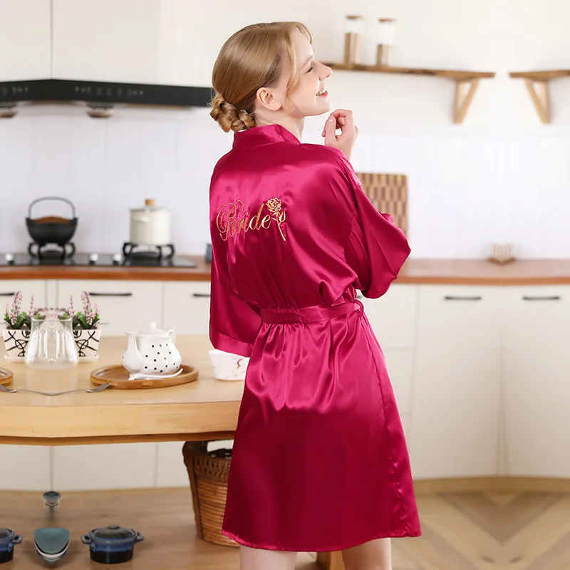 Шелковый Свадебный халат с вышивкой розы невесты и подружки однотонный банный